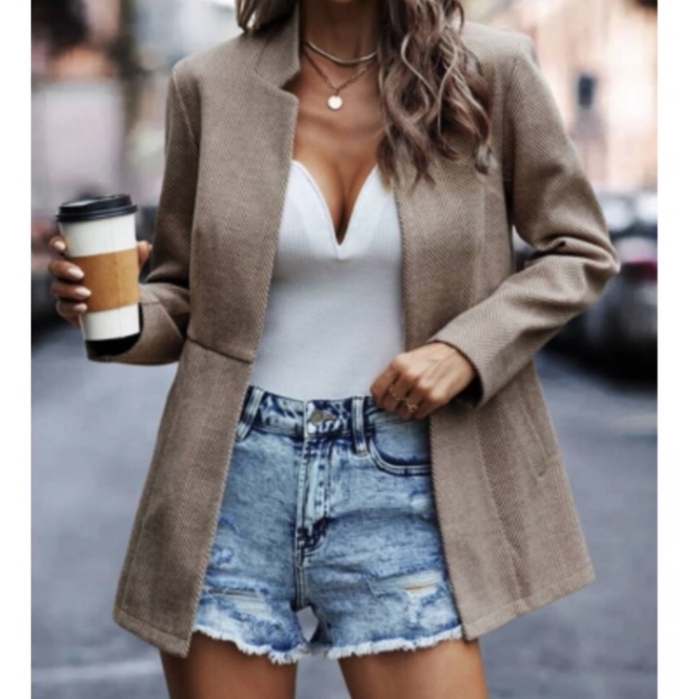 Luxe Khaki Herringbone Blazer Jacket Coat - Picture 4 of 4